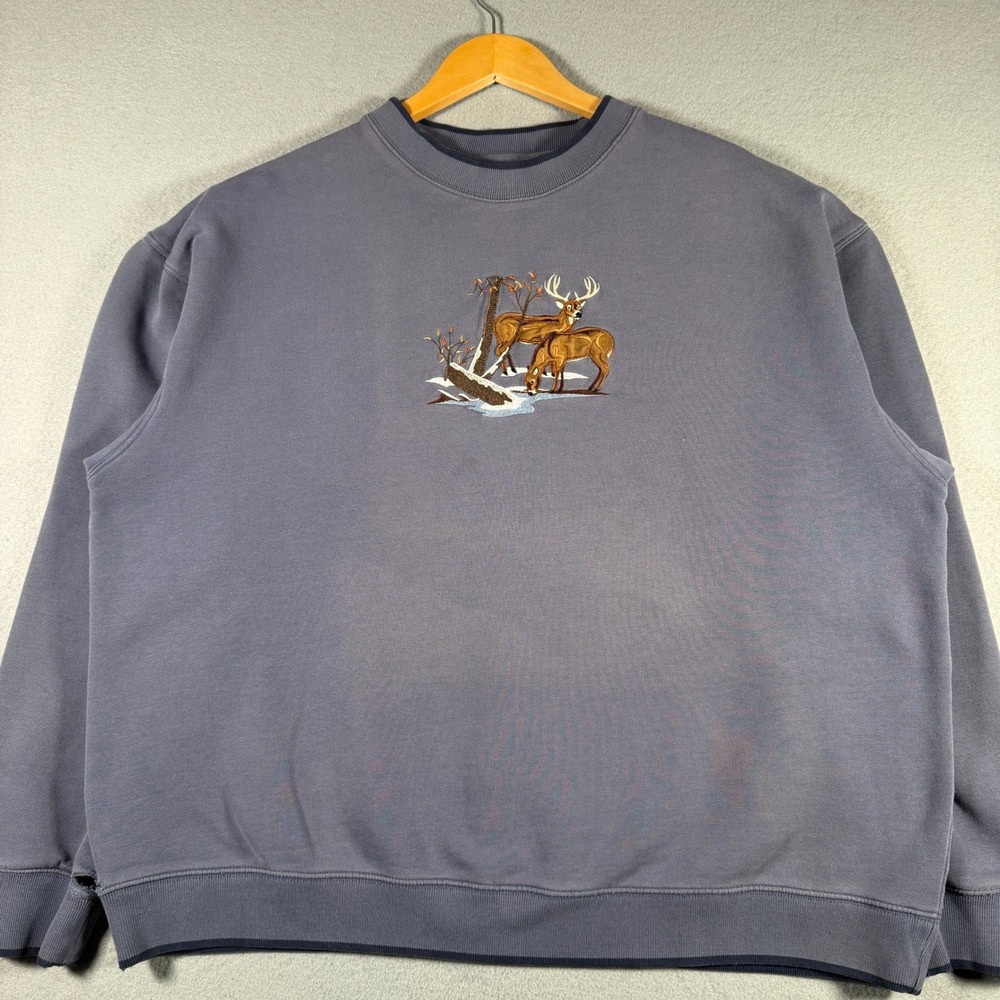 MC Sport Mens XXL Deer Embroidery Crewneck Sweatshirt Purple Grey Wildlife 14757